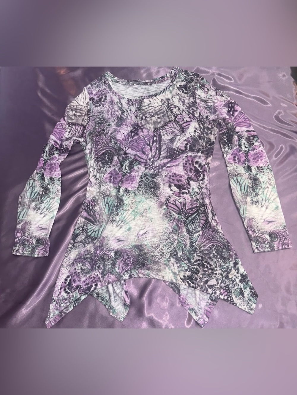 Y2K Butterflies Hankerchief Hem Long Sleeve Vintage Fairycore L